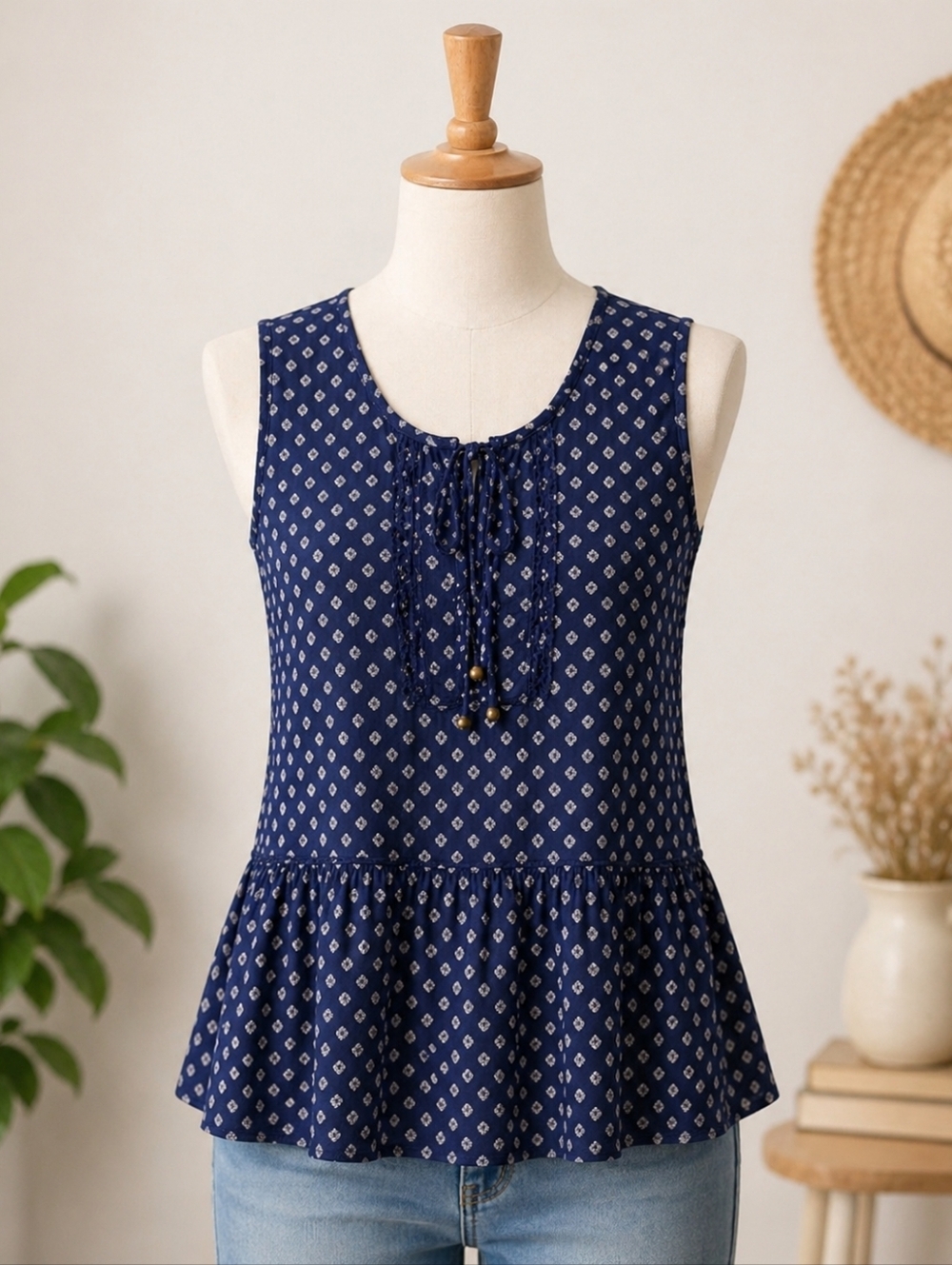 Boho Navy Blue Peplum Tank Top M Luna Moon Floral Sleeveless Flowy Summer Blouse